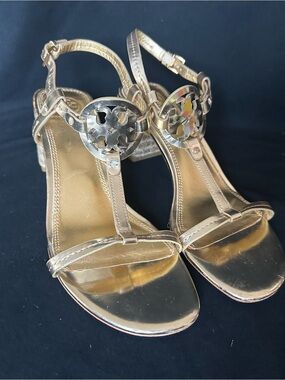 Tory Burch Gold Metallic miller double T-Strap Women's Sandals 8.5 block heel